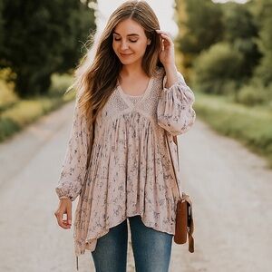 RnB Pink Floral Cottagecore Long Sleeve Ruffle Flowy Blouse Size XL with Ties